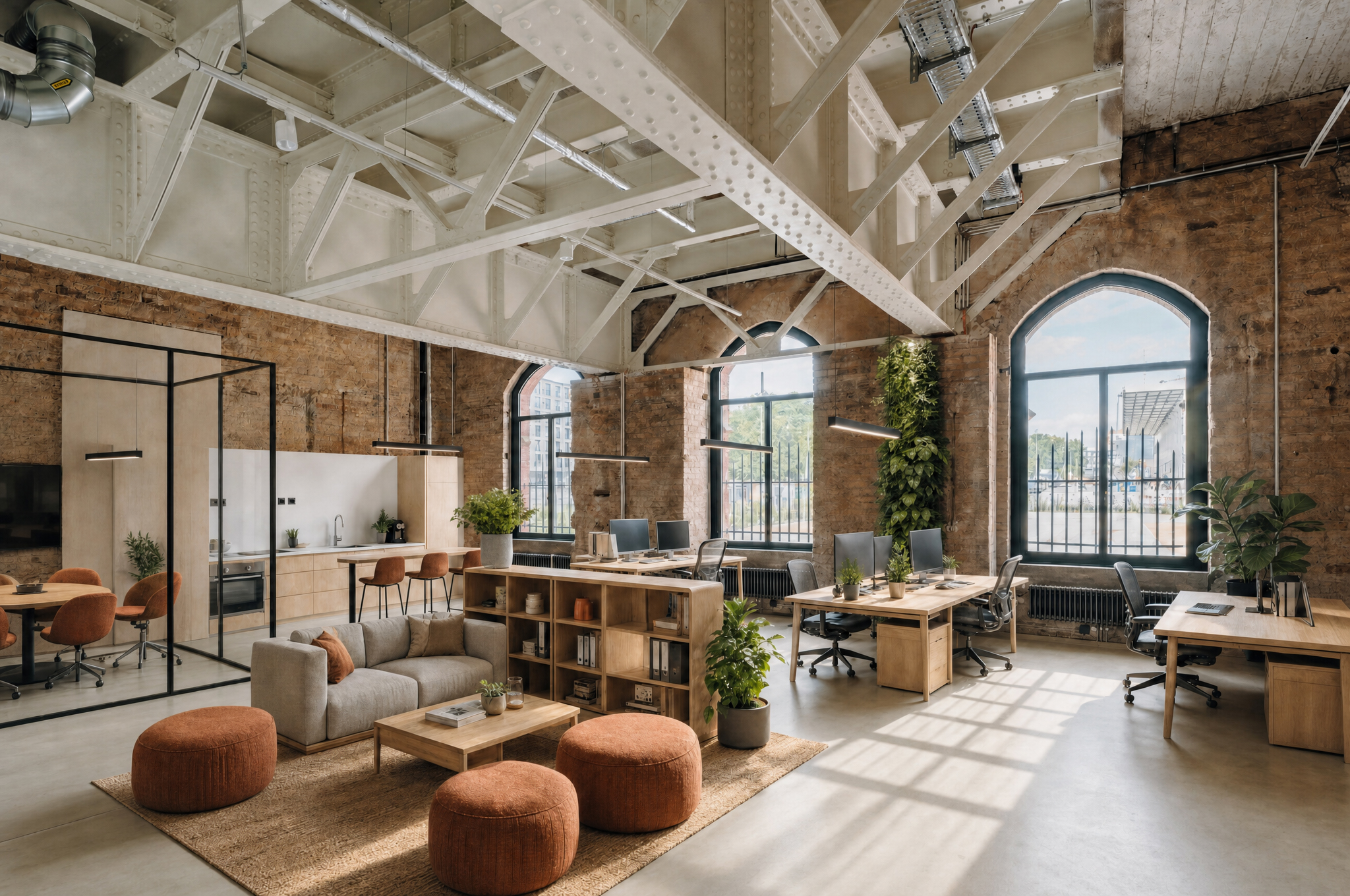 Moderne Bürofläche im Postbahnhof Berlin mit offenen Arbeitsplätzen, Lounge-Bereich, historischen Backsteinwänden und sichtbarer Stahlkonstruktion.