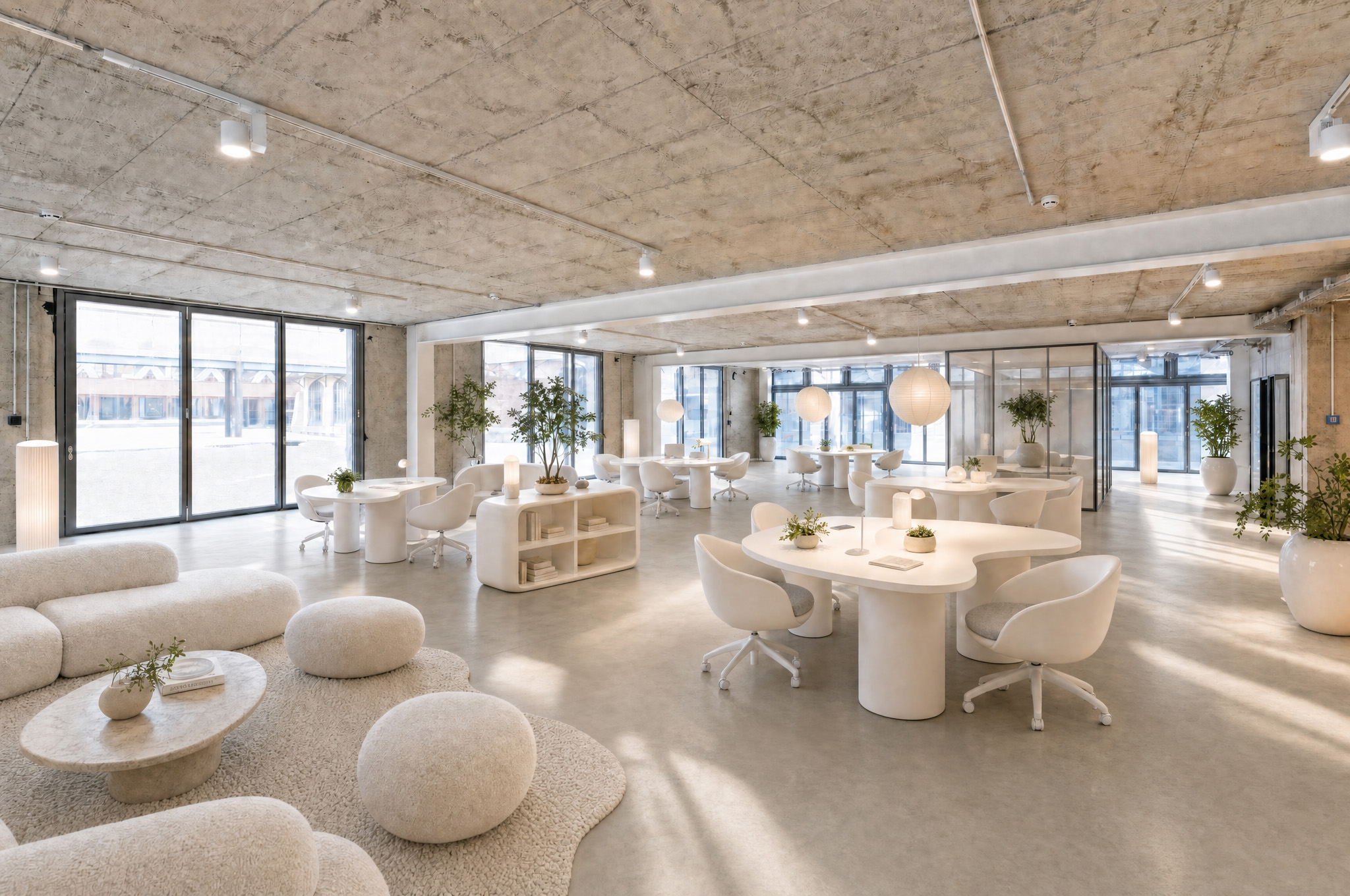 Heller Lounge- und Arbeitsbereich im Postbahnhof Berlin mit moderner heller Einrichtung, runden Tischen, Sitzgruppen und großen Fensterflächen.