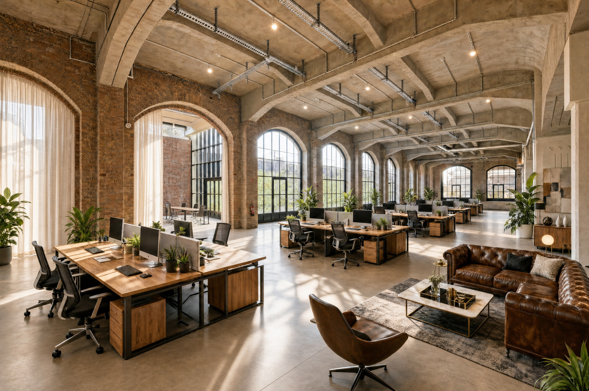 Großzügige Bürofläche im Postbahnhof Berlin mit offenen Arbeitsplätzen, historischen Rundbogenfenstern, Backsteinwänden und gemütlichem Lounge-Bereich.