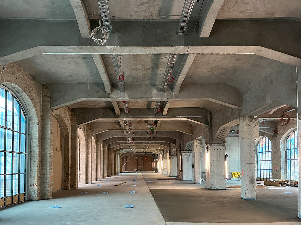 Progress of the construction work in the office area of the Postbahnhof in Berlin.