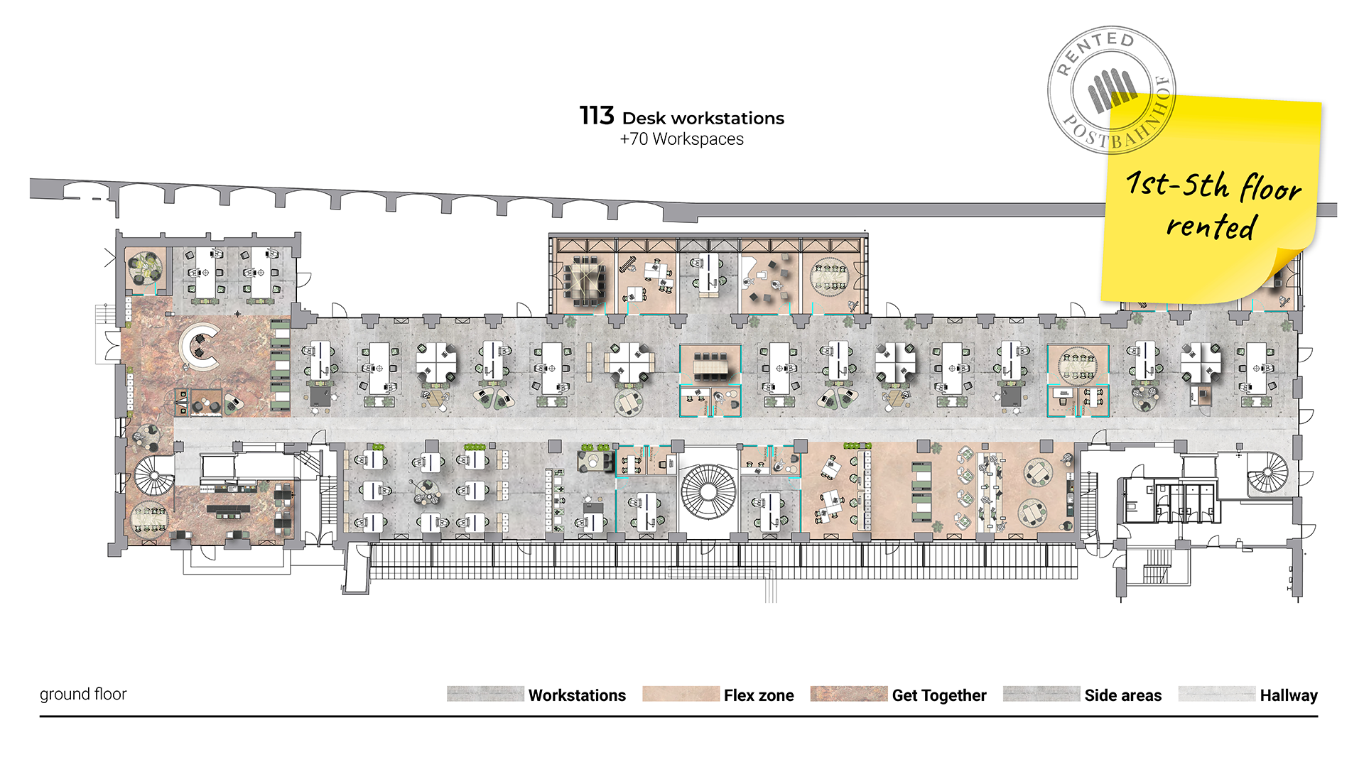Floor plan of the office space on the ground floor of the Abgangspackkammer chamber at Postbahnhof