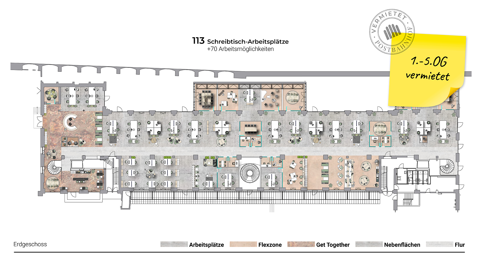 Grundriss der Bürofläche im Erdgeschoss der Abgangspackkammer im Postbahnhof